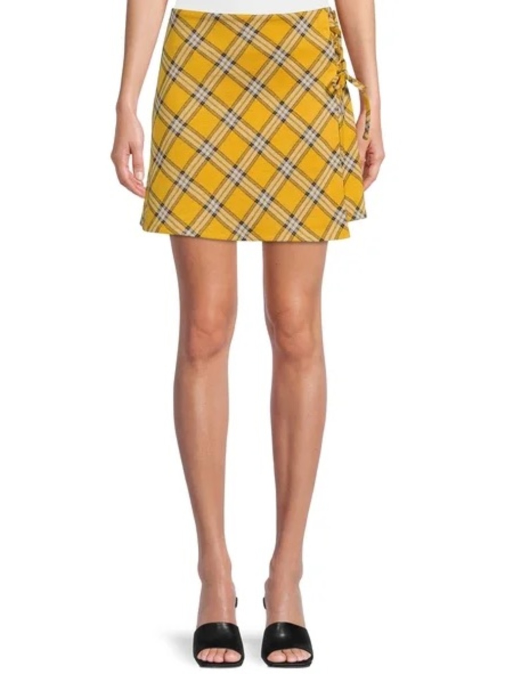 MADDEN NYC yellow plaid faux-wrap stretch mini skirt size small